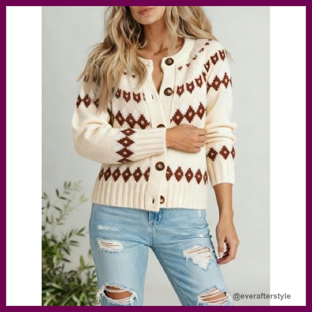 Fair Isle Cropped Cardigan Chunky Knit Y2K Retro Chic Fall Winter Sweater - Picture 4 of 9